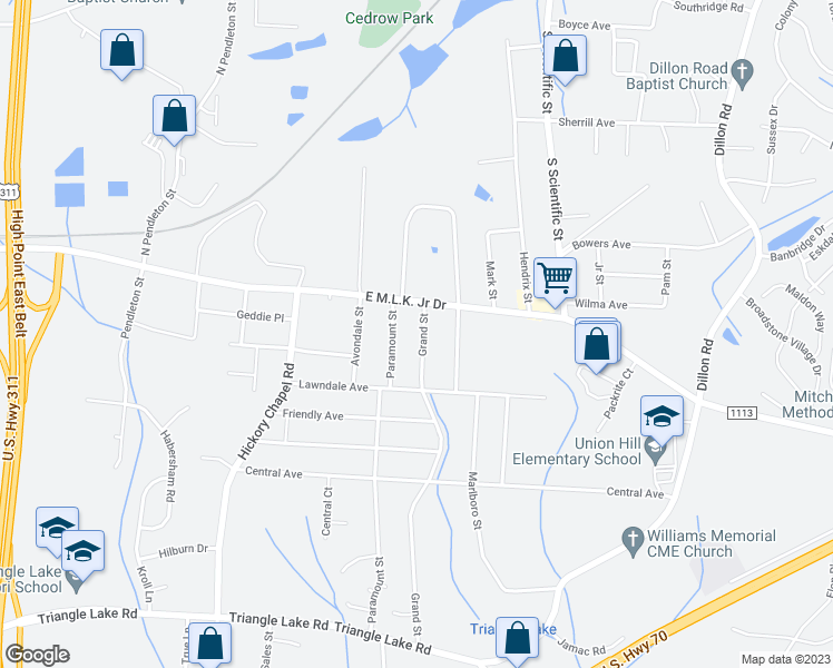 map of restaurants, bars, coffee shops, grocery stores, and more near 212 Grand Street in High Point