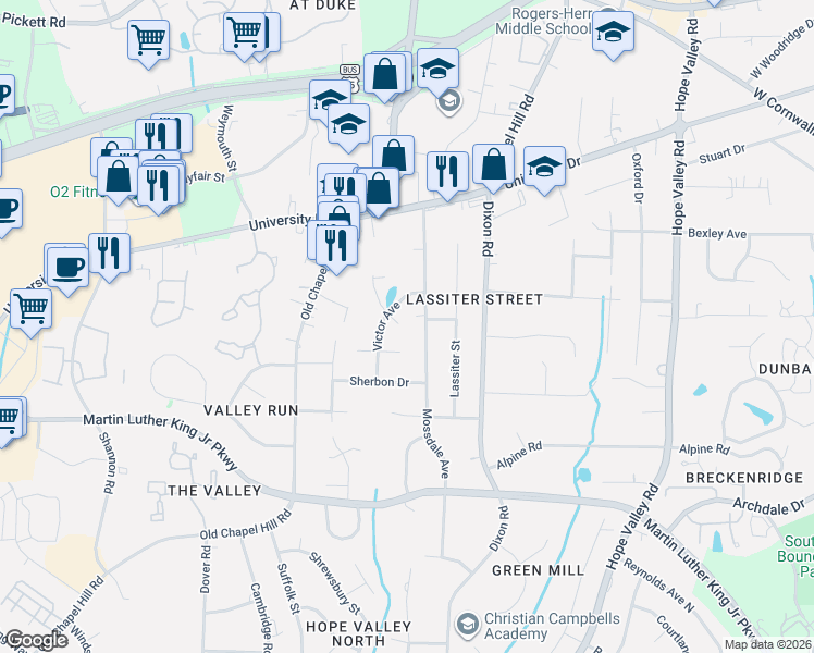 map of restaurants, bars, coffee shops, grocery stores, and more near 1 Bloem Court in Durham