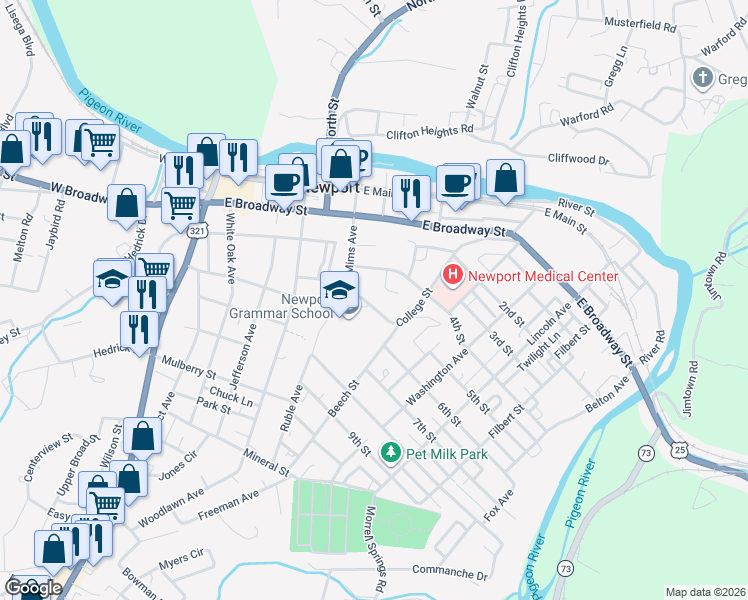 map of restaurants, bars, coffee shops, grocery stores, and more near 318 College Street in Newport