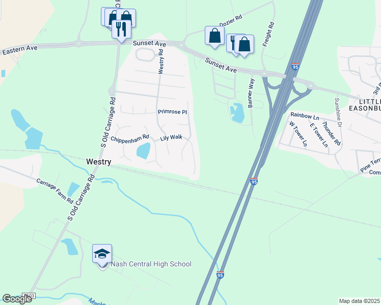 map of restaurants, bars, coffee shops, grocery stores, and more near 4587 Lily Walk in Rocky Mount