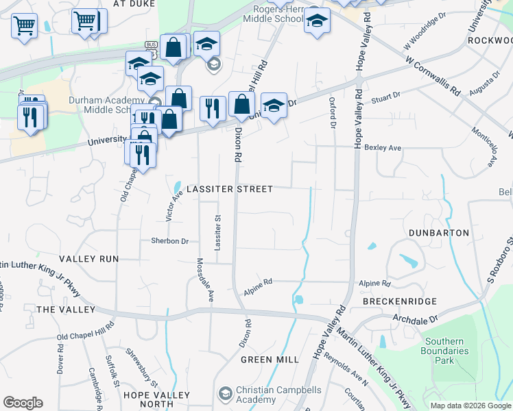 map of restaurants, bars, coffee shops, grocery stores, and more near 2736 Old Sugar Road in Durham
