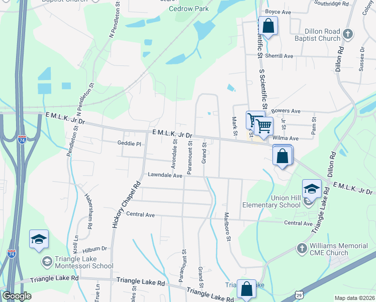 map of restaurants, bars, coffee shops, grocery stores, and more near 208 Paramount Street in High Point