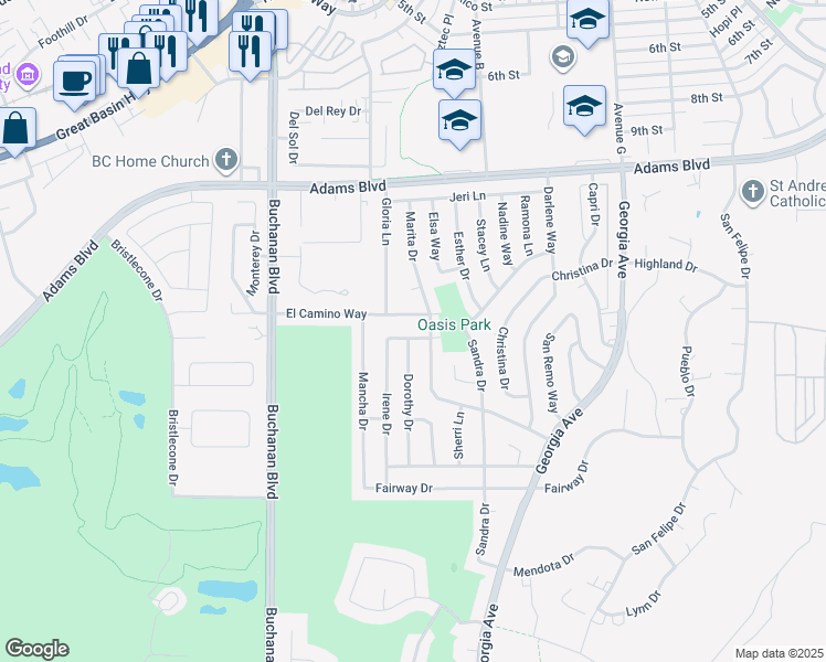 map of restaurants, bars, coffee shops, grocery stores, and more near 894 Dianne Drive in Boulder City