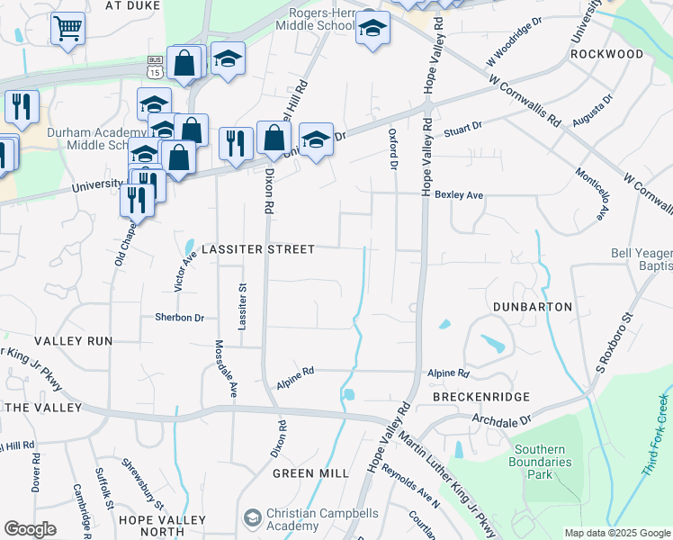 map of restaurants, bars, coffee shops, grocery stores, and more near 2720 Old Sugar Road in Durham