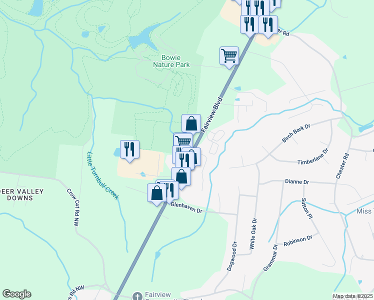 map of restaurants, bars, coffee shops, grocery stores, and more near 2380 Fairview Boulevard West in Fairview