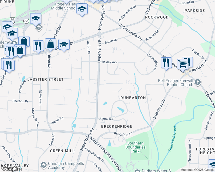 map of restaurants, bars, coffee shops, grocery stores, and more near 607 Wofford Road in Durham