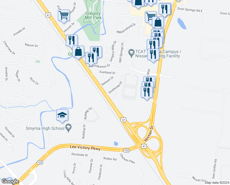 map of restaurants, bars, coffee shops, grocery stores, and more near 116 Latimer Drive in Smyrna