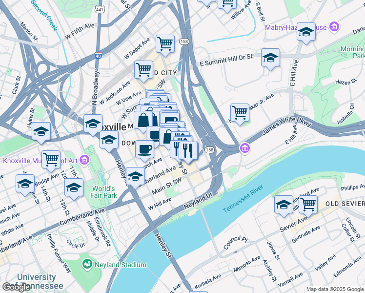 map of restaurants, bars, coffee shops, grocery stores, and more near 209 West Church Avenue in Knoxville