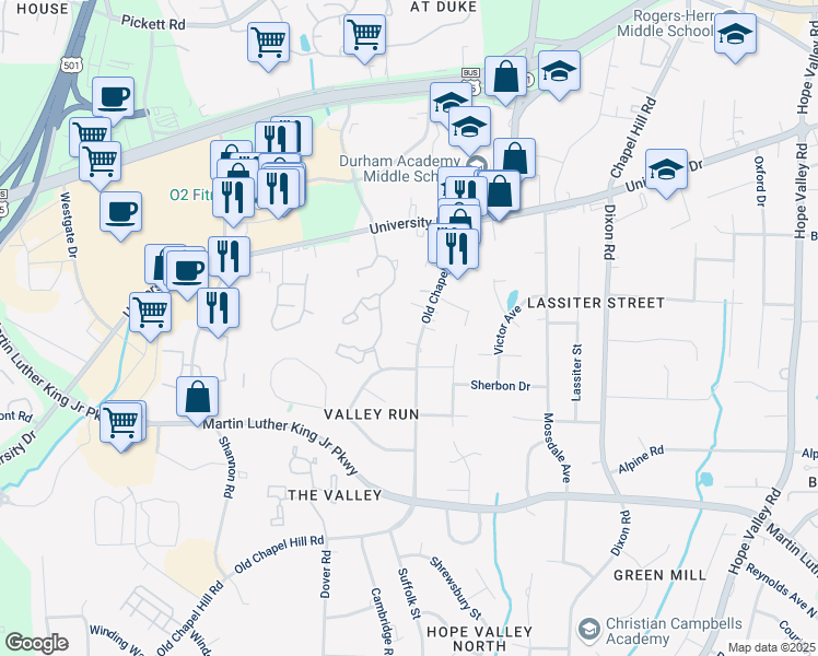 map of restaurants, bars, coffee shops, grocery stores, and more near 3312 Chapel Hill Road in Durham