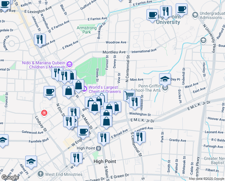map of restaurants, bars, coffee shops, grocery stores, and more near 512 Hawthorne Avenue in High Point