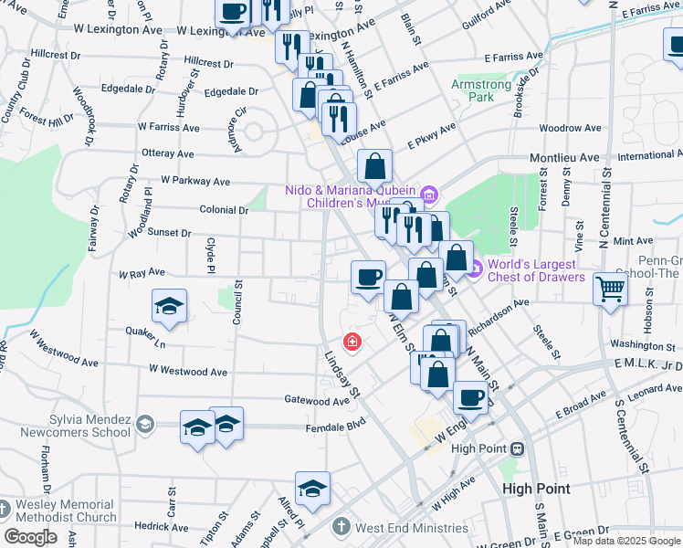 map of restaurants, bars, coffee shops, grocery stores, and more near 218 West Ray Avenue in High Point
