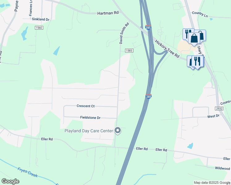 map of restaurants, bars, coffee shops, grocery stores, and more near 525 David Smith Road in Winston-Salem
