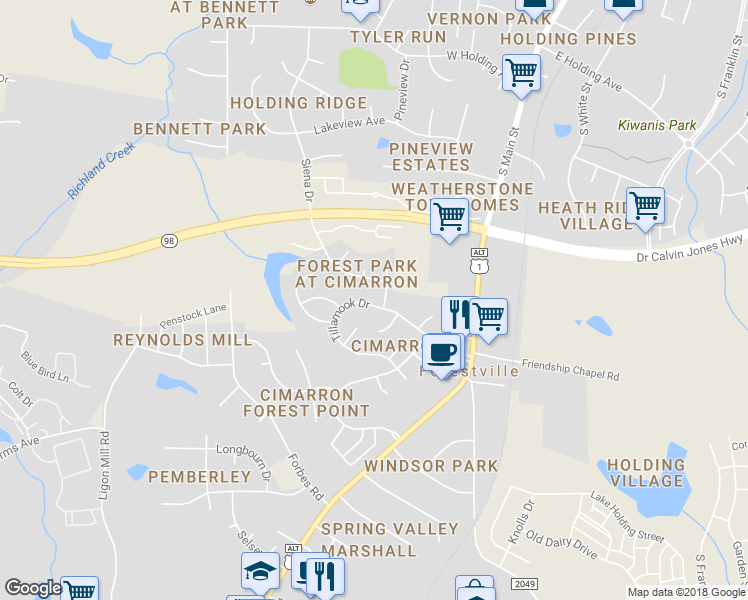 map of restaurants, bars, coffee shops, grocery stores, and more near 250 Tillamook Drive in Wake Forest