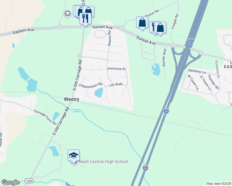 map of restaurants, bars, coffee shops, grocery stores, and more near 629 Westry Road in Rocky Mount