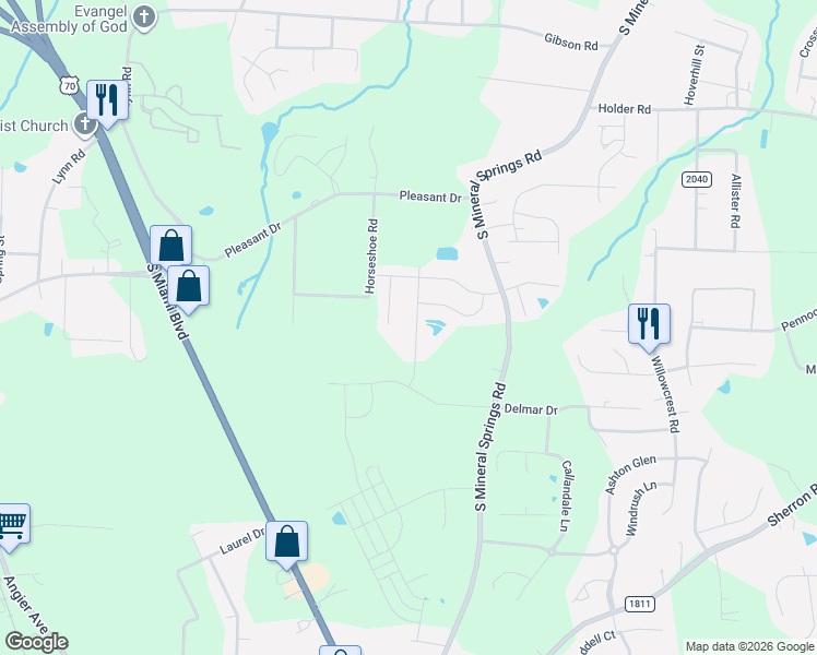 map of restaurants, bars, coffee shops, grocery stores, and more near 1030 Spacious Skies Lane in Durham
