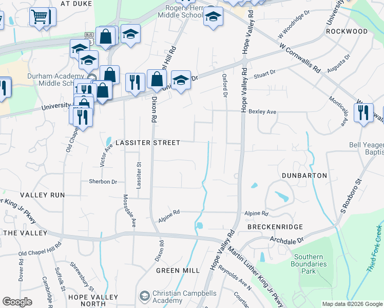 map of restaurants, bars, coffee shops, grocery stores, and more near 2720 Old Sugar Road in Durham