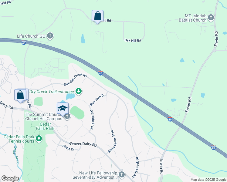 map of restaurants, bars, coffee shops, grocery stores, and more near 5004 Sweeten Creek Road in Chapel Hill