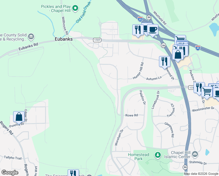 map of restaurants, bars, coffee shops, grocery stores, and more near 109 Butterfield Court in Chapel Hill