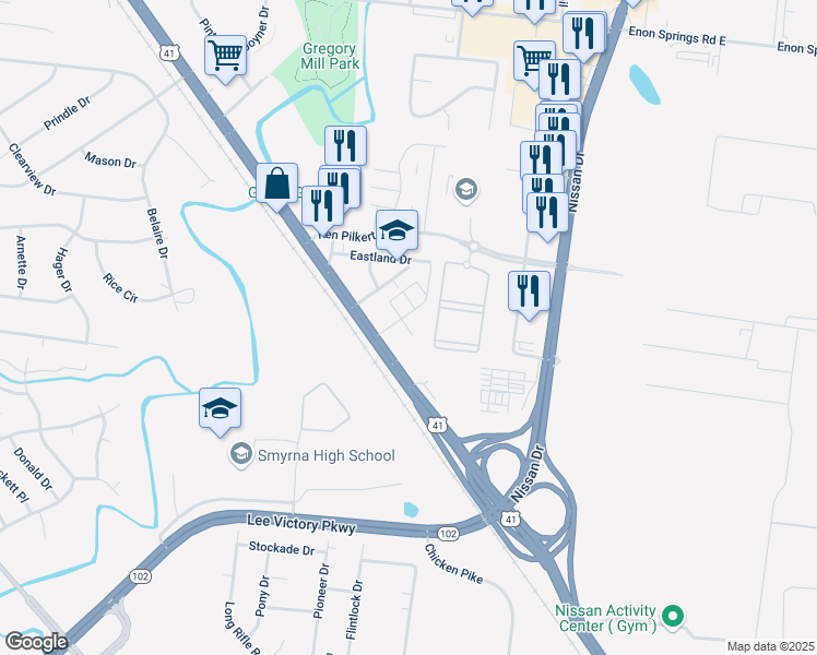 map of restaurants, bars, coffee shops, grocery stores, and more near 306 Southside Drive in Smyrna