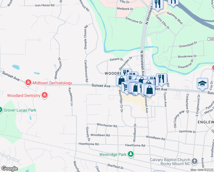 map of restaurants, bars, coffee shops, grocery stores, and more near 3741 Sunset Avenue in Rocky Mount