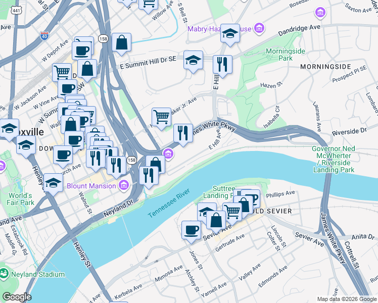 map of restaurants, bars, coffee shops, grocery stores, and more near 501 East Hill Avenue in Knoxville
