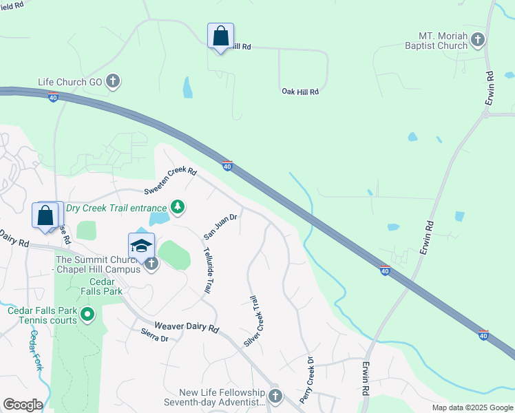 map of restaurants, bars, coffee shops, grocery stores, and more near 5004 Sweeten Creek Road in Chapel Hill