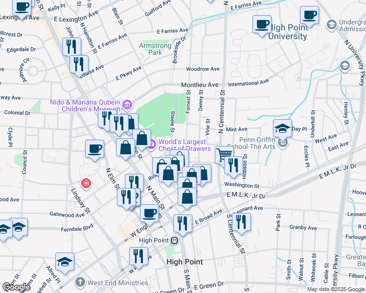 map of restaurants, bars, coffee shops, grocery stores, and more near 413 Forrest Street in High Point