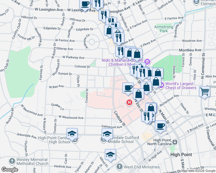 map of restaurants, bars, coffee shops, grocery stores, and more near 304 West Ray Avenue in High Point
