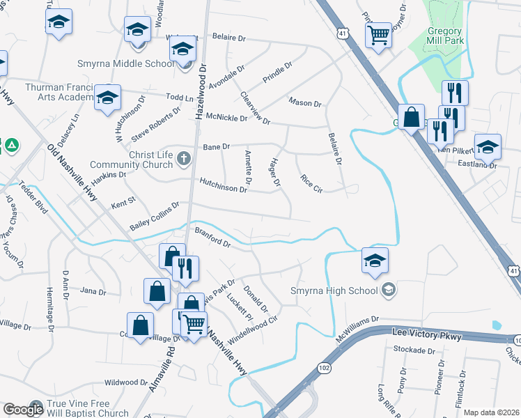 map of restaurants, bars, coffee shops, grocery stores, and more near 123 Bailey Collins Drive in Smyrna