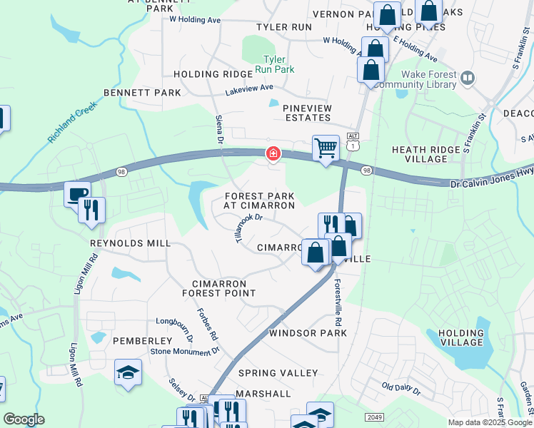map of restaurants, bars, coffee shops, grocery stores, and more near 250 Tillamook Drive in Wake Forest