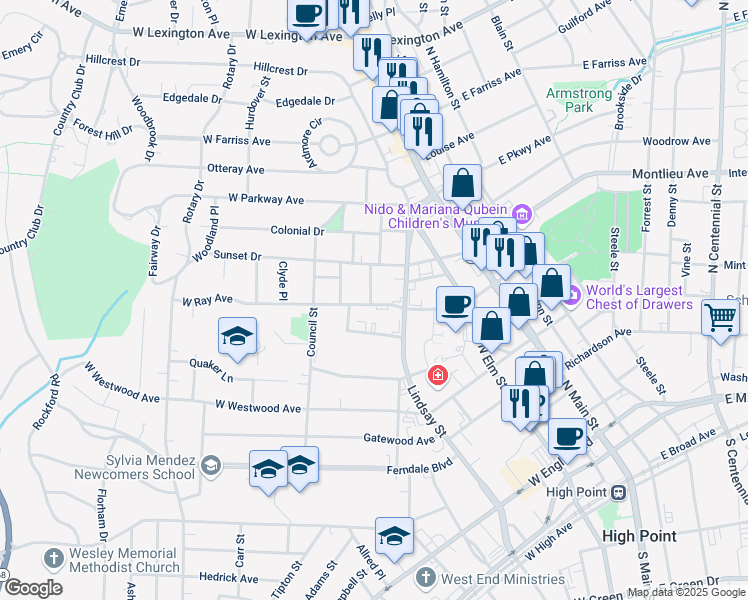map of restaurants, bars, coffee shops, grocery stores, and more near 314 West Ray Avenue in High Point
