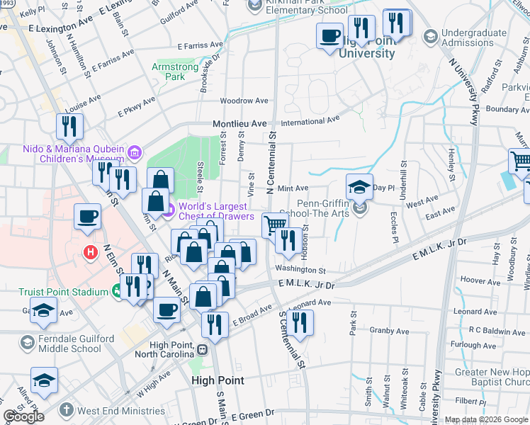 map of restaurants, bars, coffee shops, grocery stores, and more near 315 North Centennial Street in High Point