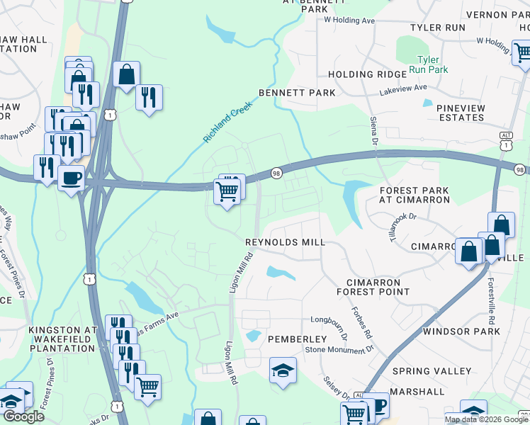 map of restaurants, bars, coffee shops, grocery stores, and more near Ligon Mill Road in Wake Forest