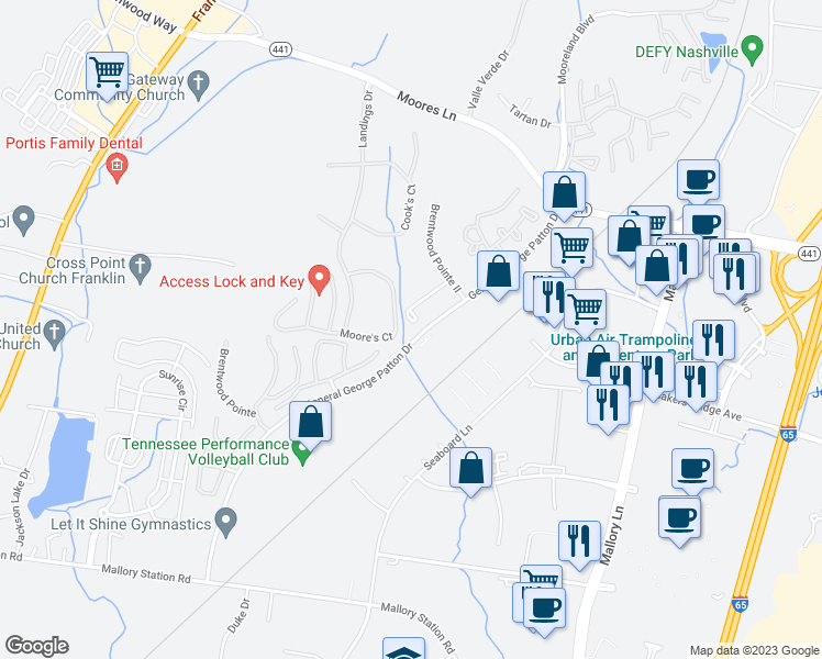 map of restaurants, bars, coffee shops, grocery stores, and more near 844 Brentwood Point in Brentwood