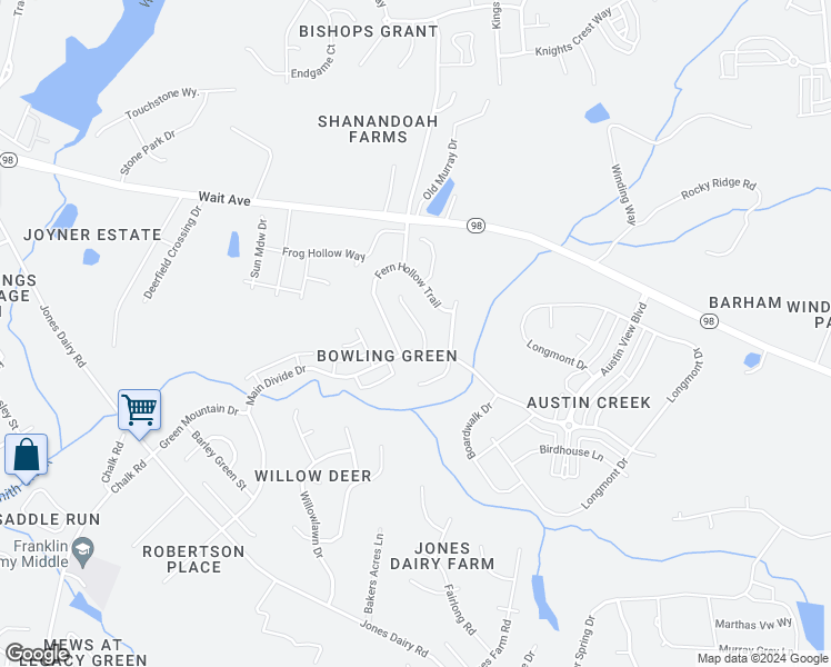 map of restaurants, bars, coffee shops, grocery stores, and more near 332 Trout Valley Road in Wake Forest