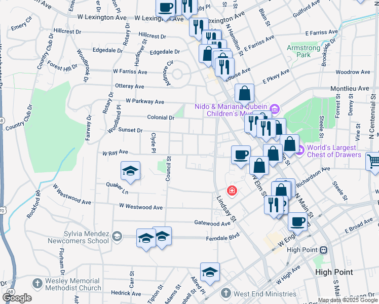 map of restaurants, bars, coffee shops, grocery stores, and more near 406 West Ray Avenue in High Point