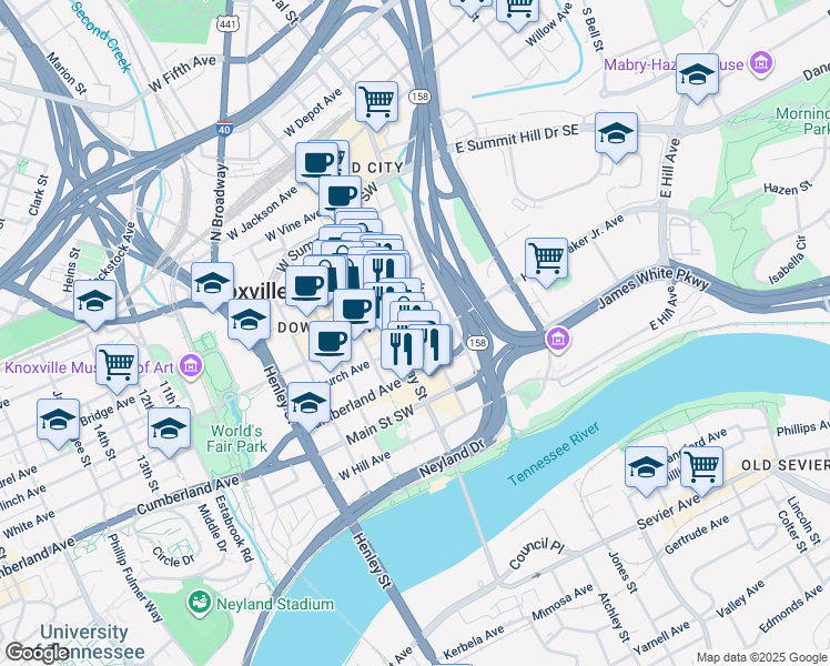 map of restaurants, bars, coffee shops, grocery stores, and more near 179-199 West Church Avenue in Knoxville