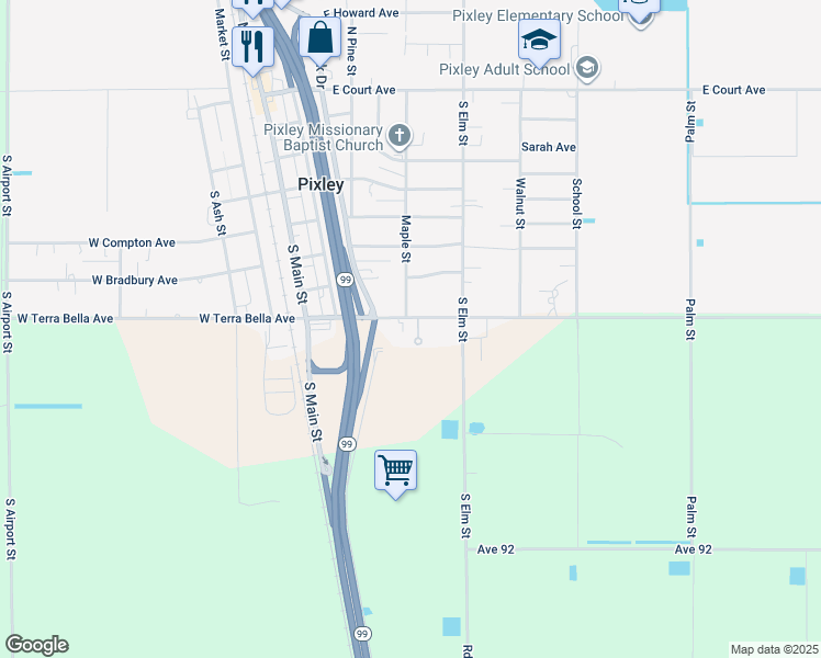 map of restaurants, bars, coffee shops, grocery stores, and more near 735 East Terra Bella Avenue in Pixley