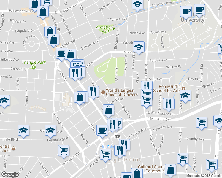 map of restaurants, bars, coffee shops, grocery stores, and more near 500 Oakland Place in High Point