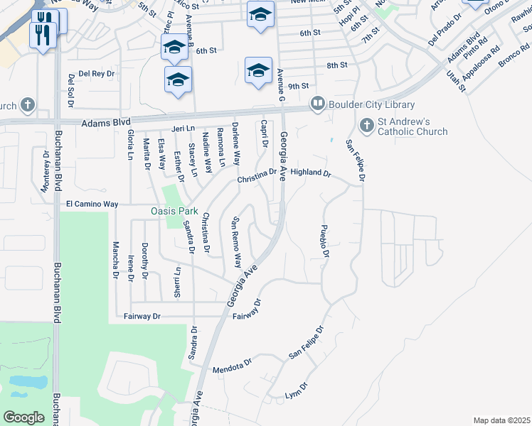 map of restaurants, bars, coffee shops, grocery stores, and more near 798 Capri Drive in Boulder City