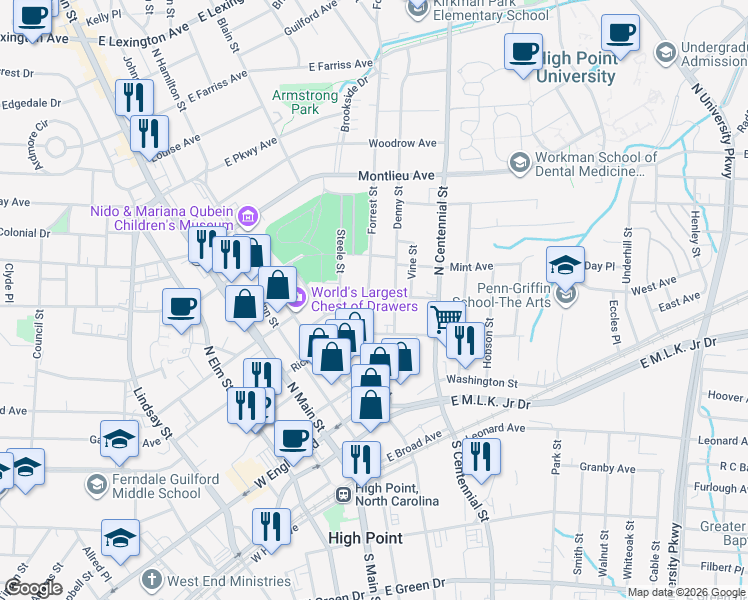 map of restaurants, bars, coffee shops, grocery stores, and more near 413 Forrest Street in High Point