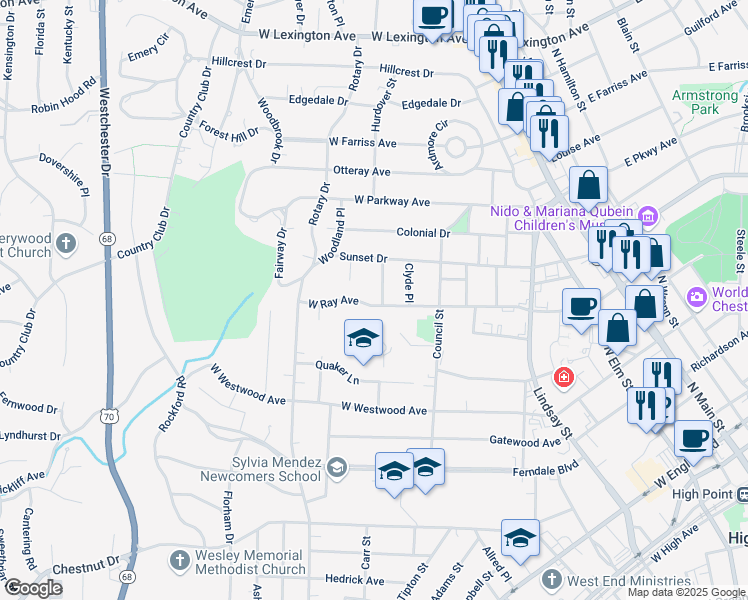 map of restaurants, bars, coffee shops, grocery stores, and more near 800 W Ray Ave in High Point