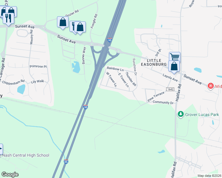 map of restaurants, bars, coffee shops, grocery stores, and more near 525 Sunshine Drive in Rocky Mount