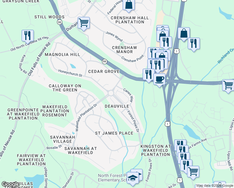 map of restaurants, bars, coffee shops, grocery stores, and more near 3507 Archdale Drive in Raleigh