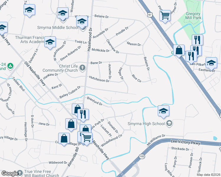 map of restaurants, bars, coffee shops, grocery stores, and more near 123 Bailey Collins Drive in Smyrna
