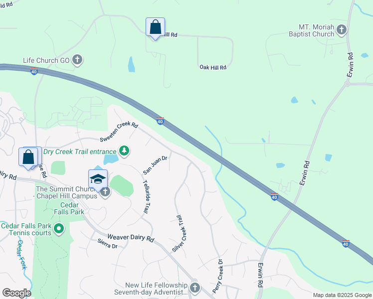 map of restaurants, bars, coffee shops, grocery stores, and more near 5004 Sweeten Creek Road in Chapel Hill