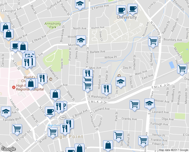 map of restaurants, bars, coffee shops, grocery stores, and more near 316 4th Street in High Point