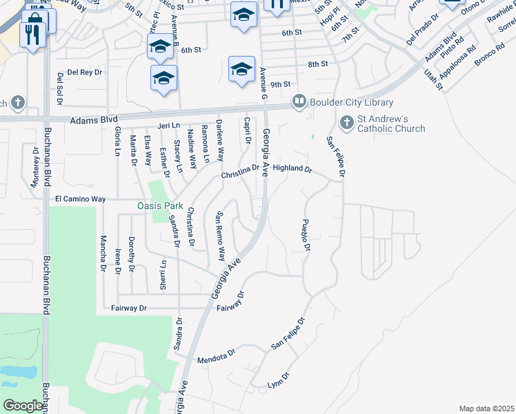 map of restaurants, bars, coffee shops, grocery stores, and more near 798 Capri Drive in Boulder City