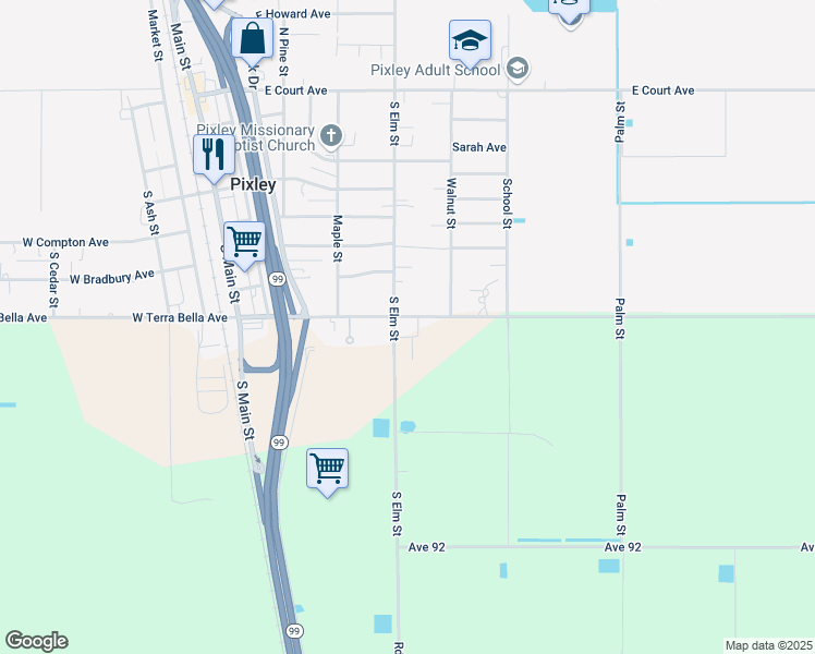 map of restaurants, bars, coffee shops, grocery stores, and more near 1600-1610 S Elm St in Pixley