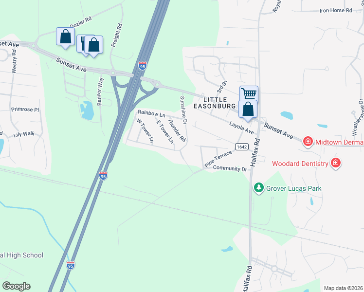 map of restaurants, bars, coffee shops, grocery stores, and more near 201-299 E Tower Ln in Rocky Mt